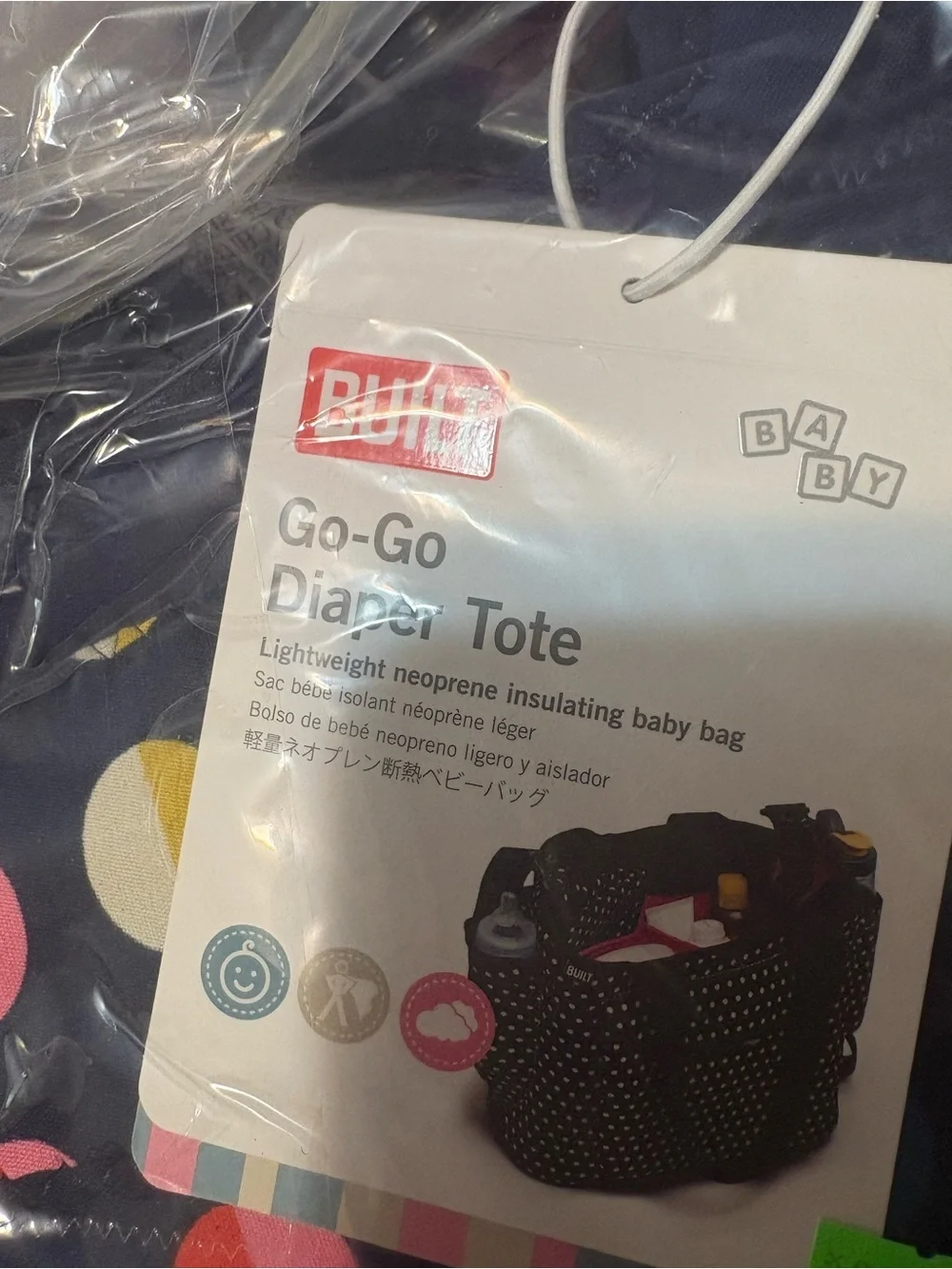 BUILT Go-Go Diaper Tote - Navy with Multicolor Dots (changing pad included)